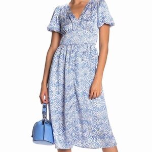 NWT ABOUND blue floral puffed sleeves blouson midi dress womens size S